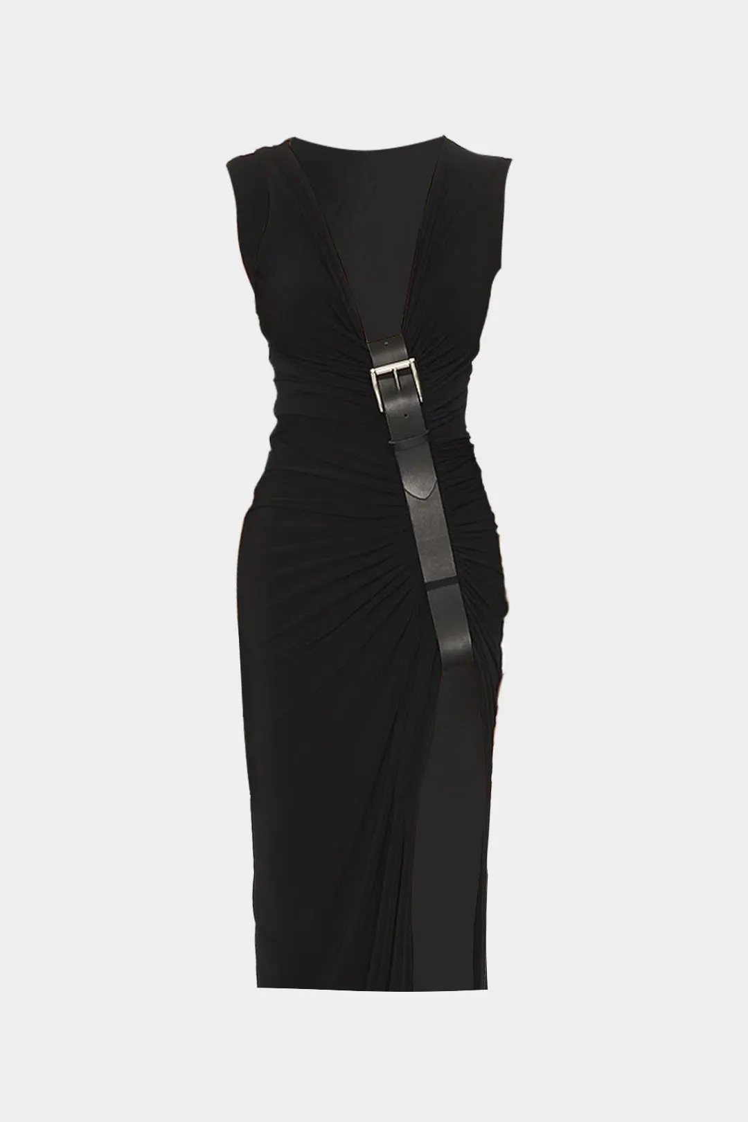 Ruched V-Neck Slit Asymmetrical Sleeveless Midi Dress sold by Micas