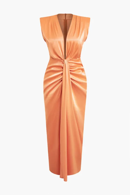 Satin V-Neck Twist Knot Ruched Sleeveless Midi Dress sold by Micas