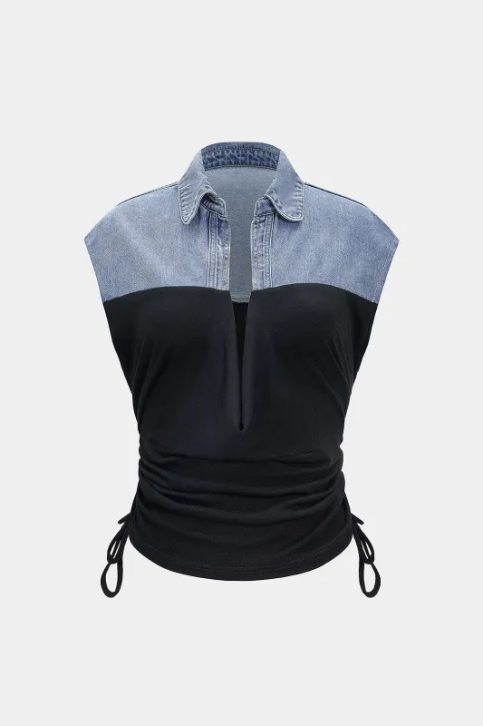 Denim Drawstring Patchwork Crop Top sold by Micas