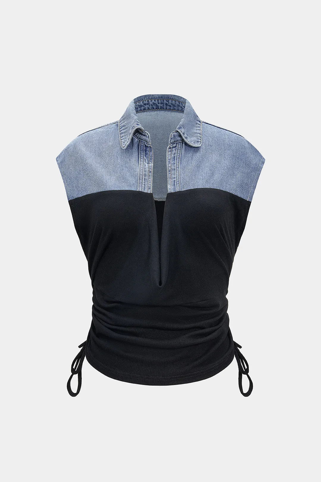 Denim Drawstring Patchwork Crop Top sold by Micas