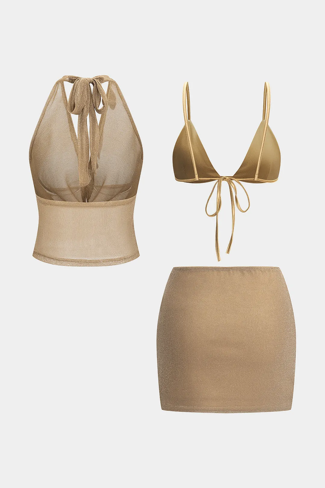 Satin Mesh Tie-Up Halter Cami Top And Skirt 3pc Set sold by Micas product image thumbnail 2