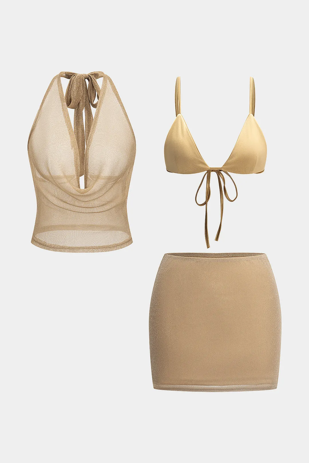 Satin Mesh Tie-Up Halter Cami Top And Skirt 3pc Set sold by Micas