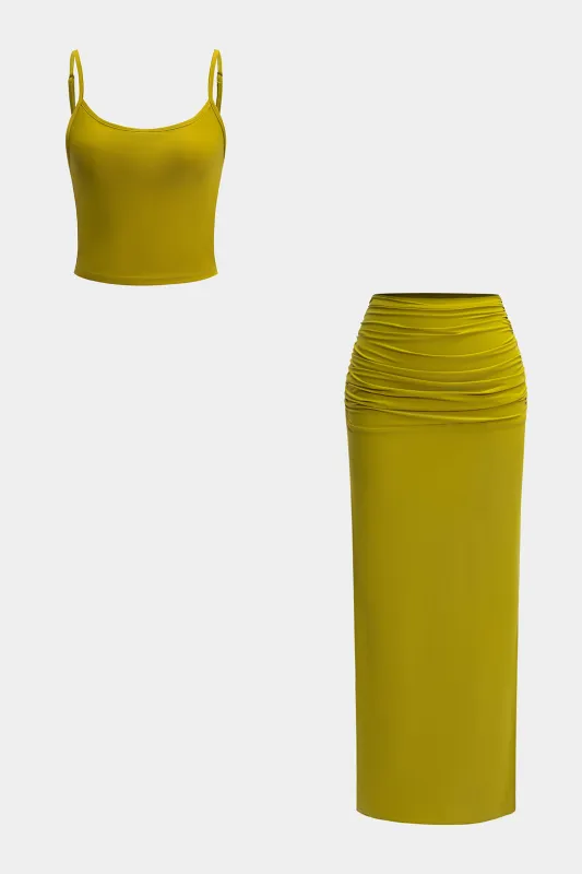 Solid Basic Cami Top And Ruched Skirt Set sold by Micas
