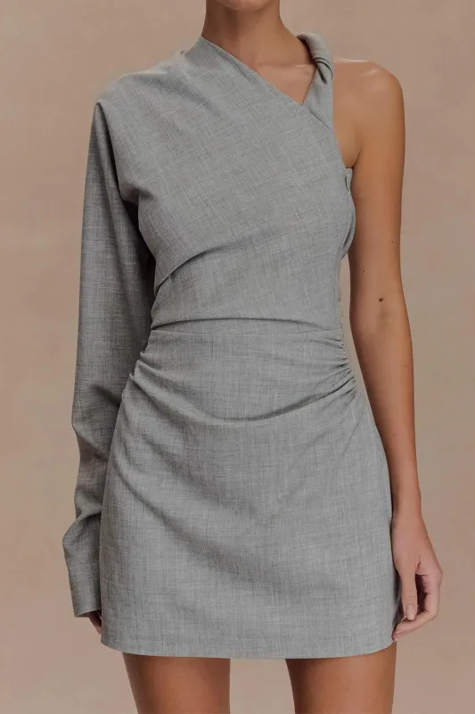 Linen Ruched Twist Knot One Shoulder Long Sleeve Mini Dress sold by Micas