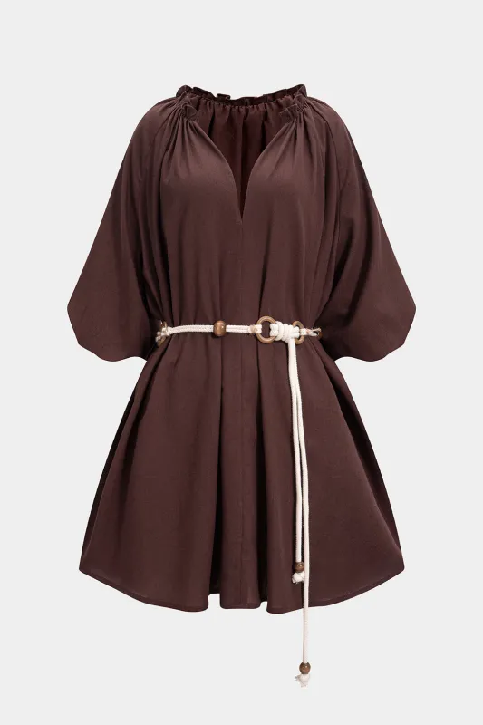 Linen V-Neck Ruched Belted Short Sleeve Mini Dress sold by Micas