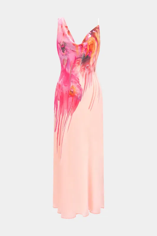 Paint Splatter Floral Print Chiffon Cowl Neck Asymmetrical Sleeveless Maxi Dress sold by Micas