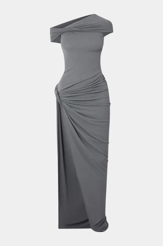 Ruched Off Shoulder Asymmetrical Slit Short Sleeve Maxi Dress sold by Micas