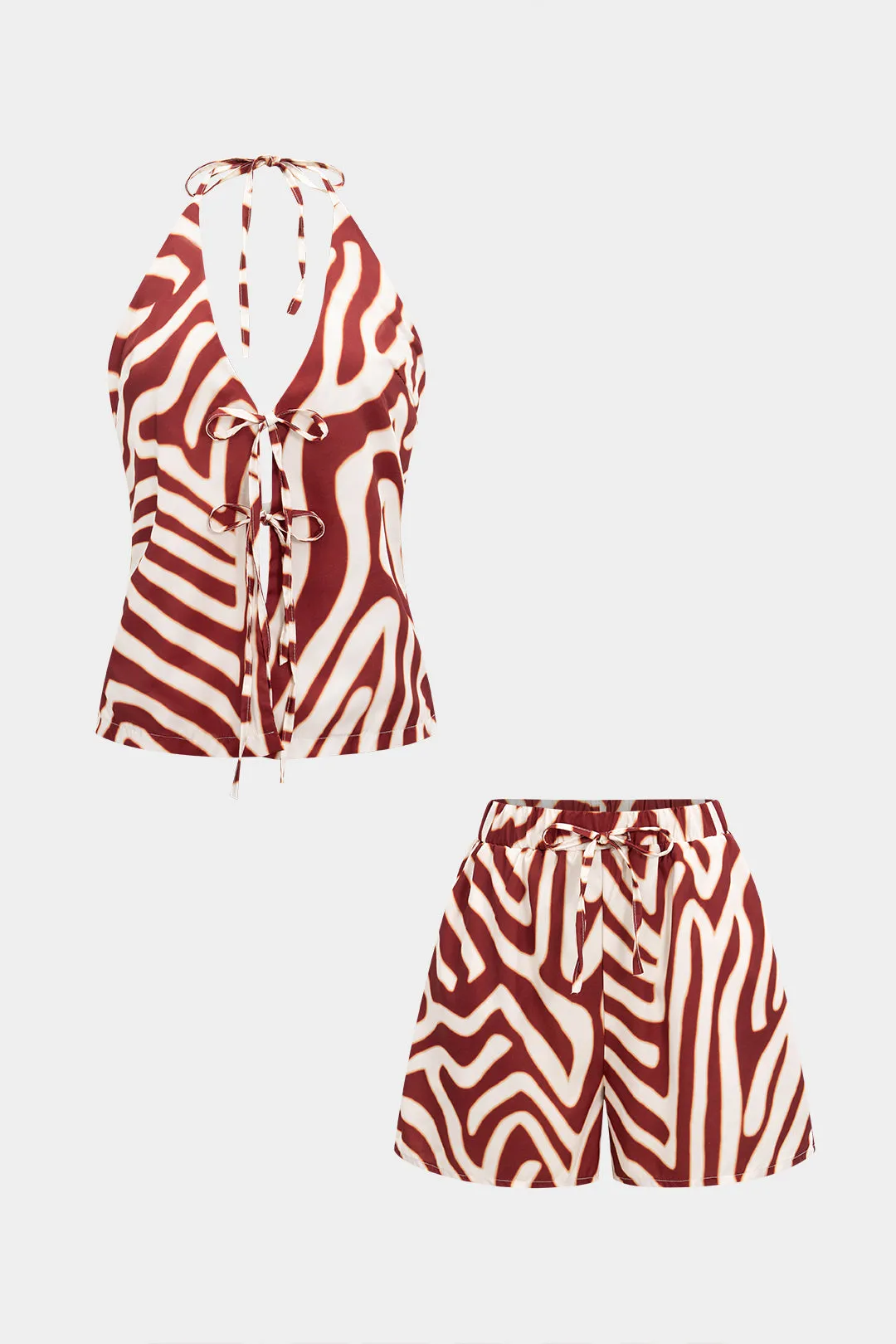 Abstract Contrast Print Halter Tie-Up Top And Drawstring High Waist Shorts Set sold by Micas