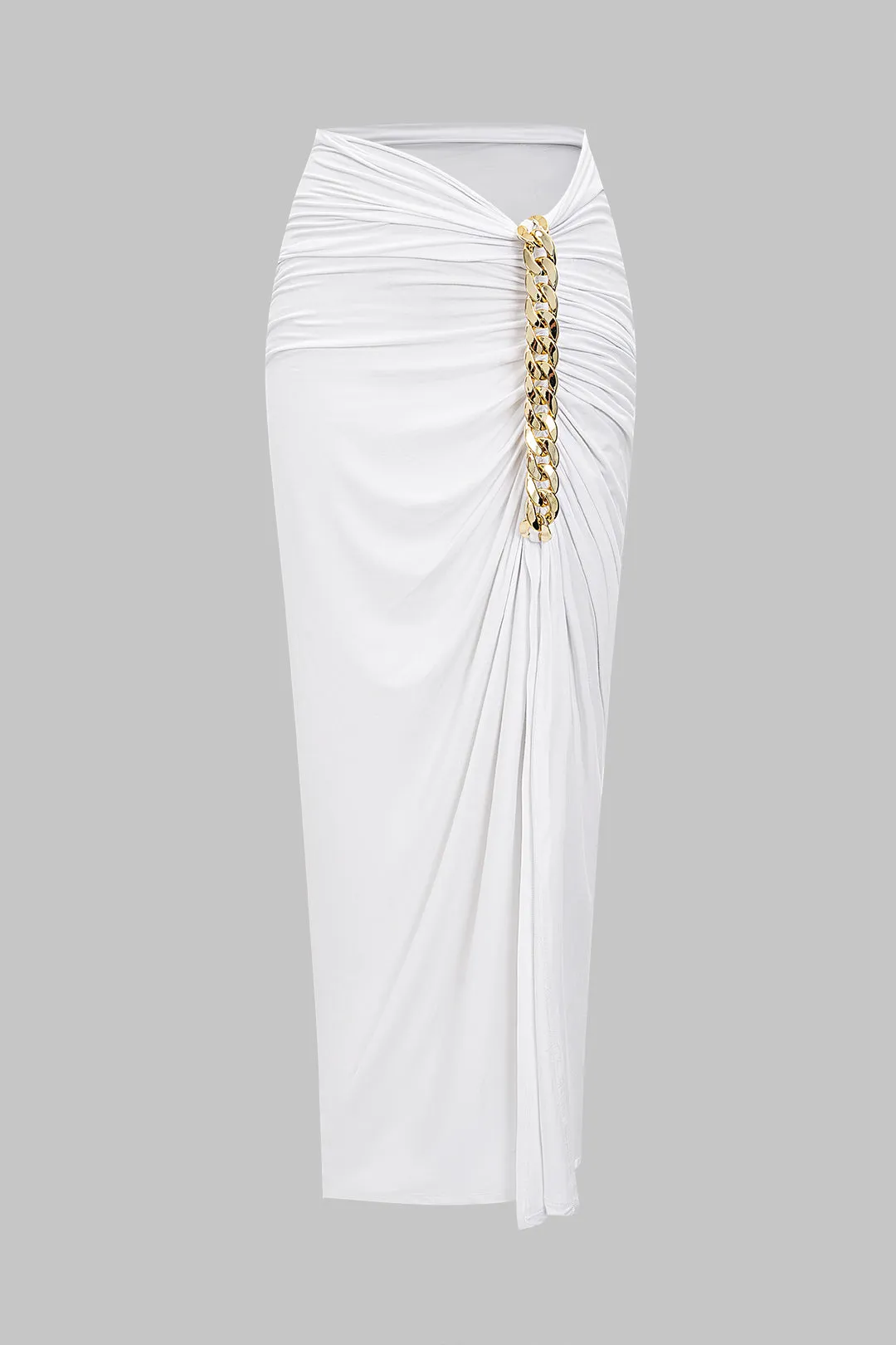 Asymmetrical Ruched Chain Side Slit Skirt sold by Micas