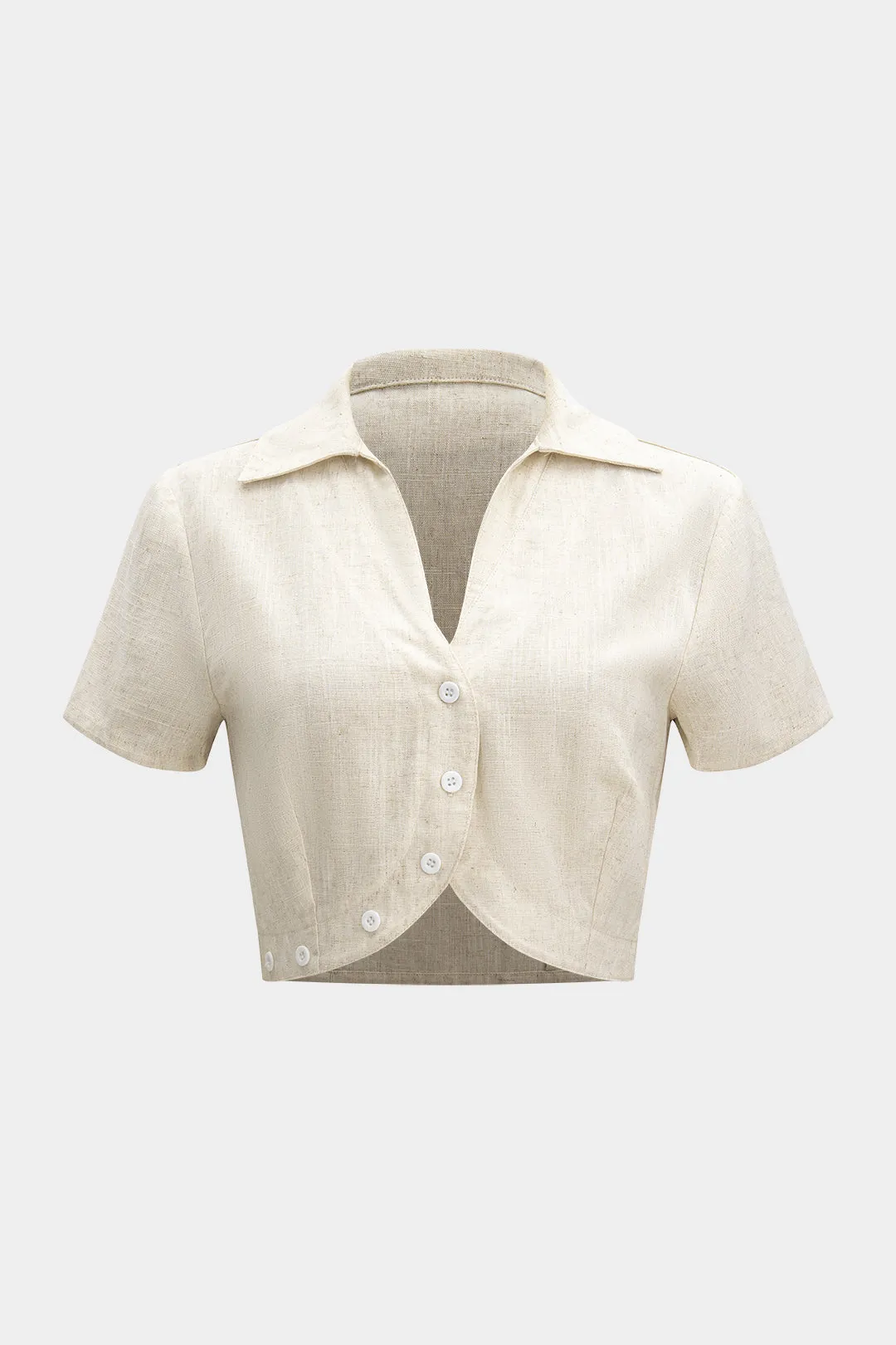 Linned V-hals knap kortærmet shirt sold by Micas