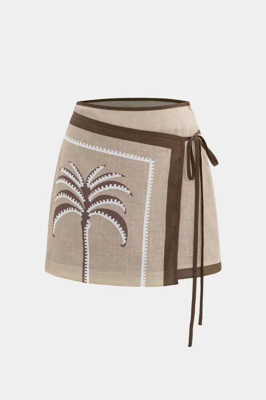 Coconut Palm Print Linned Asymmetrical Tie-Up nederdel sold by Micas