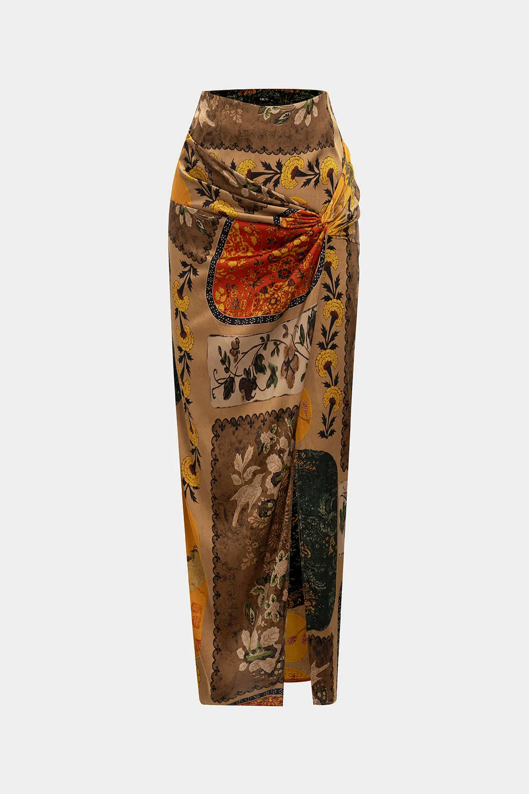 Retro print satin slips front nederdel sold by Micas