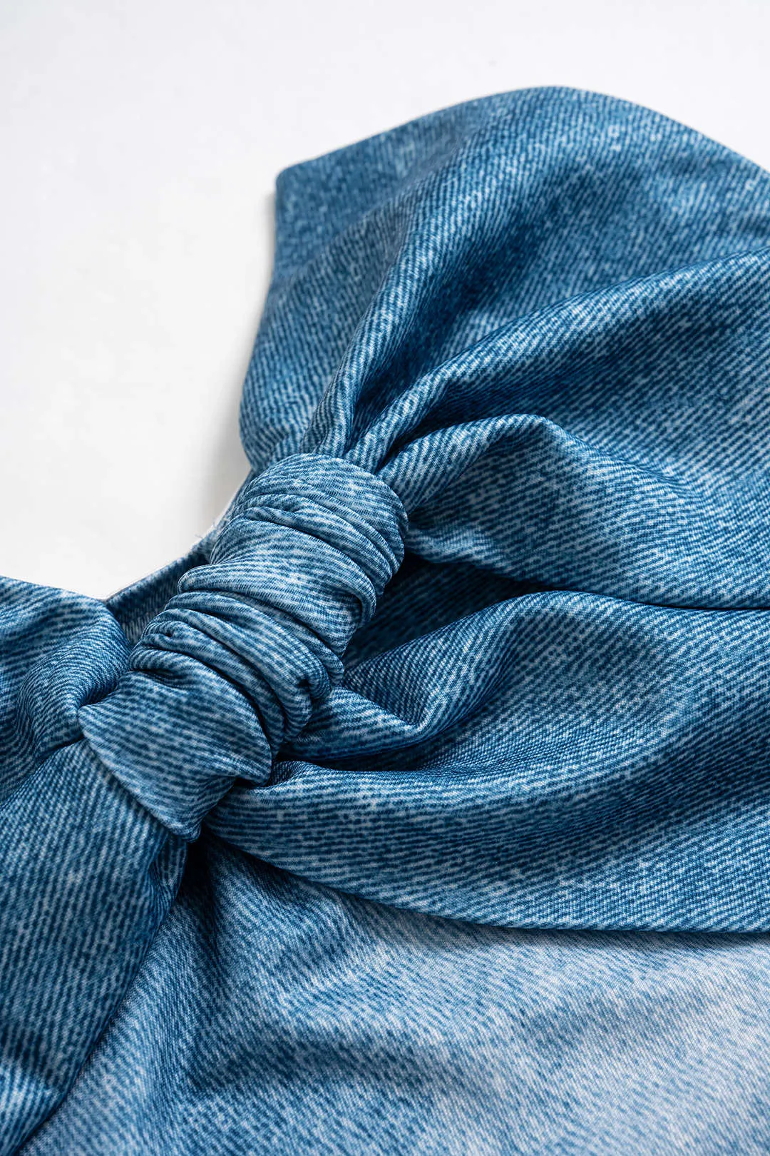 Denim Print Asymmetrical Twist Knot Stropless Tube Top sold by Micas product image thumbnail 3