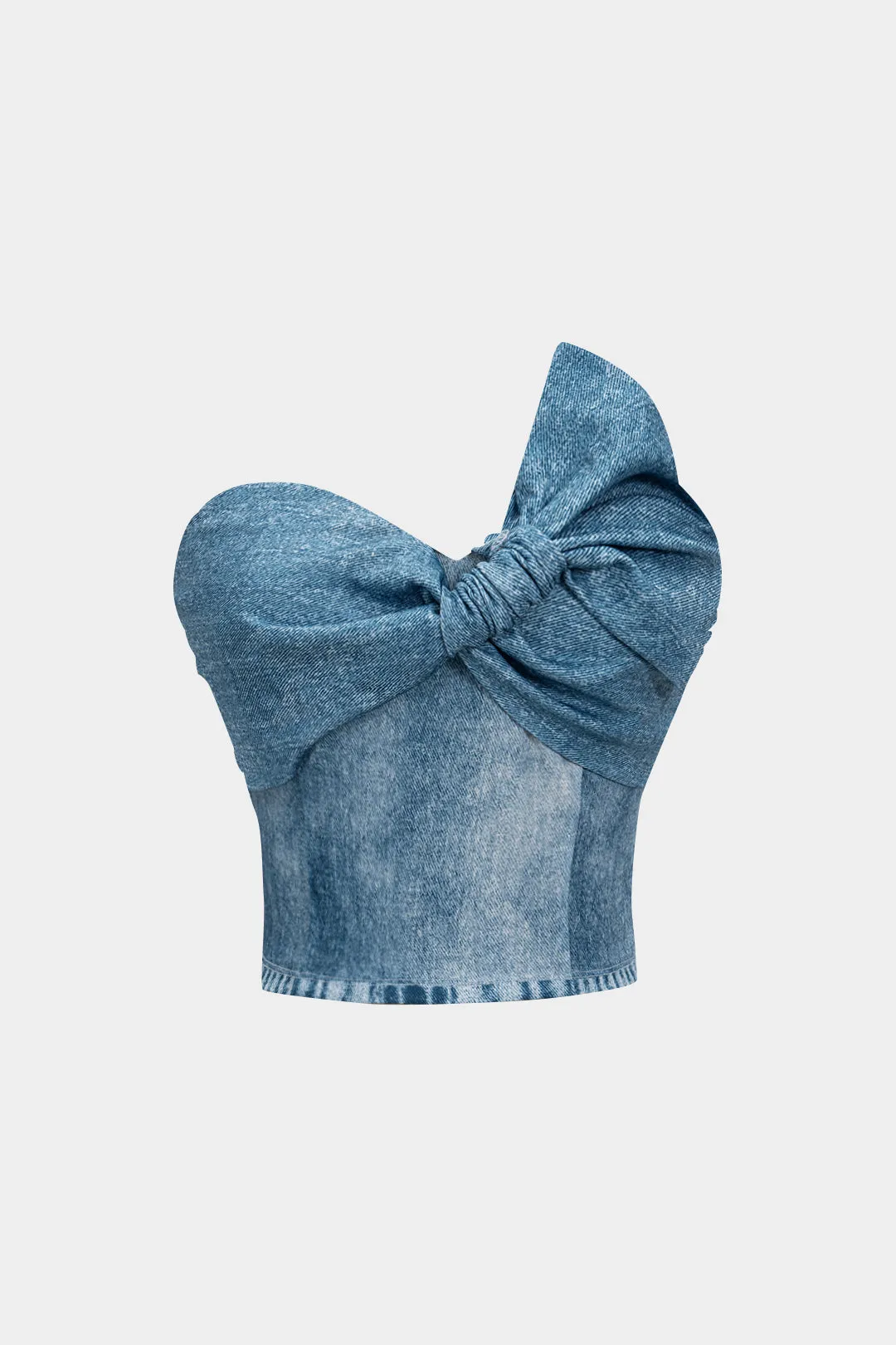Denim Print Asymmetrical Twist Knot Stropless Tube Top sold by Micas
