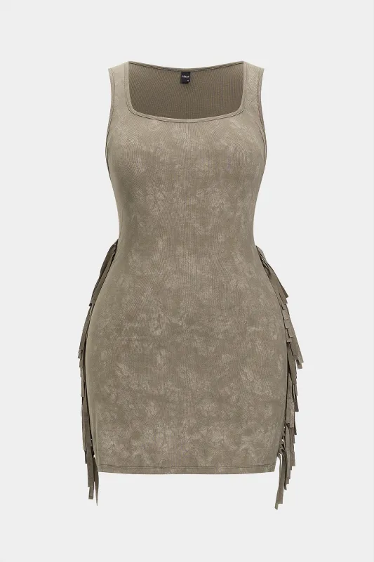 Plus størrelse slips farvestof print frynse firkantet nakke ærmeløs mini kjole sold by Micas