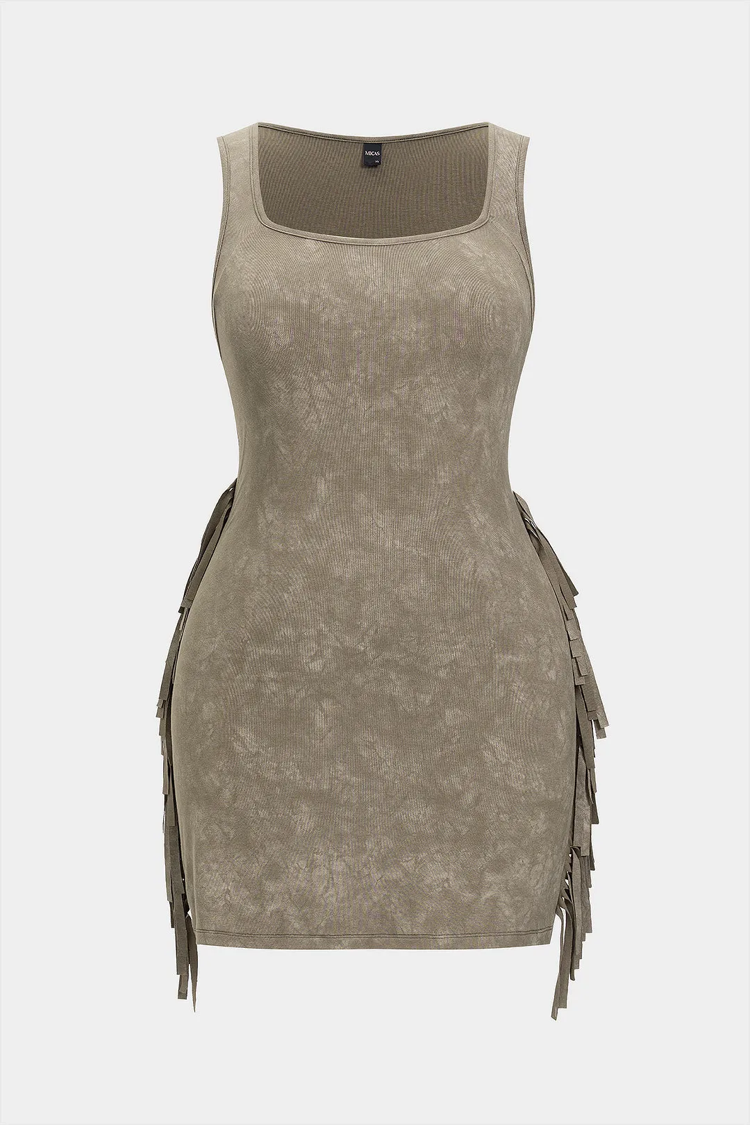 Plus størrelse slips farvestof print frynse firkantet nakke ærmeløs mini kjole sold by Micas