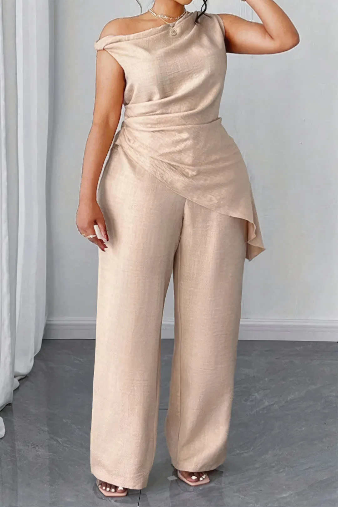 Plus Size Asymmetrical Ruched Trousers Set sold by Micas