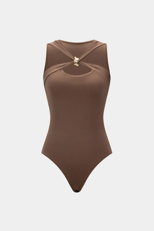 Metallic Crossed Sleeveless Bodysuit sold by Micas