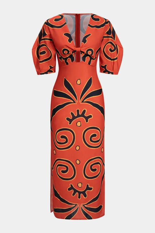 Geometric Contrast Print Linen V-Neck Zipper Short Sleeve Midi Dress sold by Micas