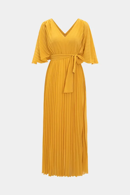 Chiffon Tie Front V-Neck Batwing Pleated Belted Short Sleeve Maxi Dress sold by Micas