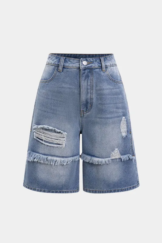 Denim Ripped Straight Leg Jorts sold by Micas