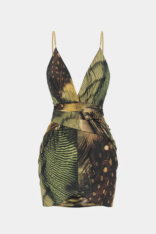 Tropical Print Metallic Chain Asymmetrical Sleeveless Mini Dress sold by Micas
