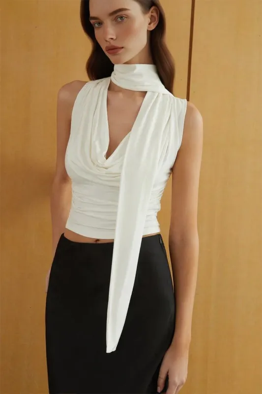 Asymmetrical Tie-Up Ruched Tank Top sold by Micas