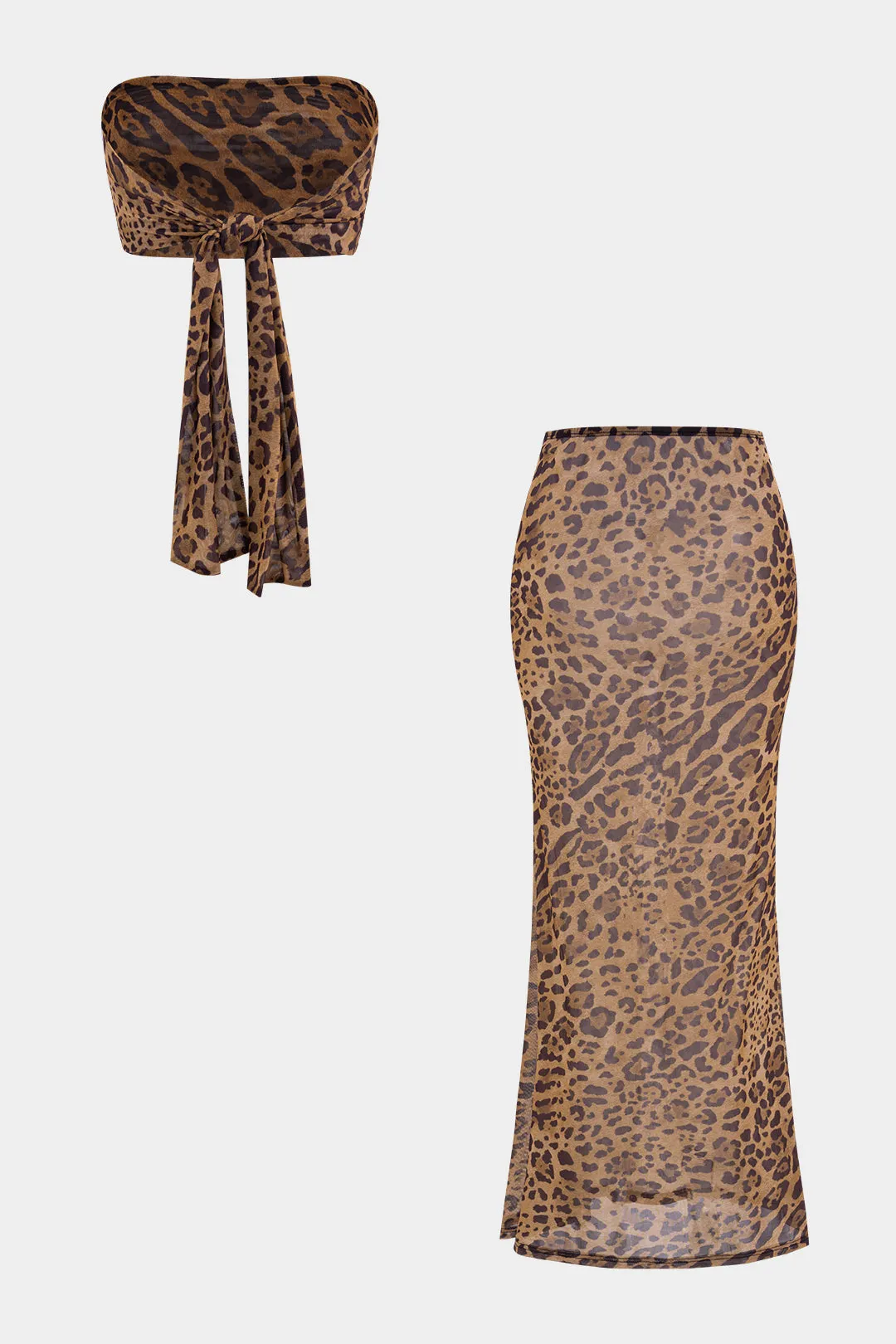 Leopard Print Mesh Cropped Tie-Back Tube Top And Skirt Set sold by Micas product image thumbnail 2