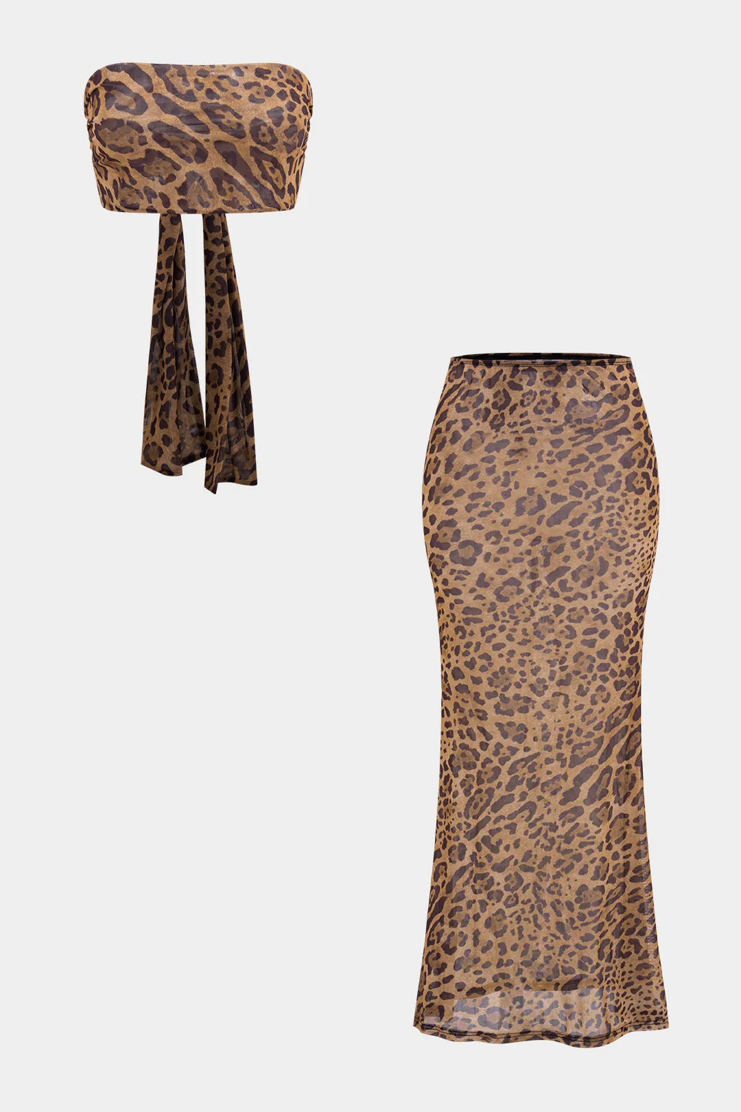 Leopard Print Mesh Cropped Tie-Back Tube Top And Skirt Set sold by Micas