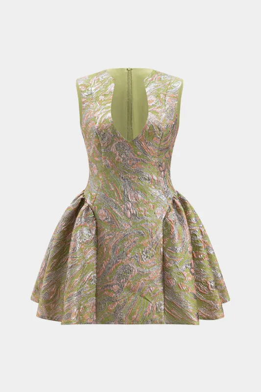 Jacquard V-Neck Ruched Sleeveless Mini Dress sold by Micas