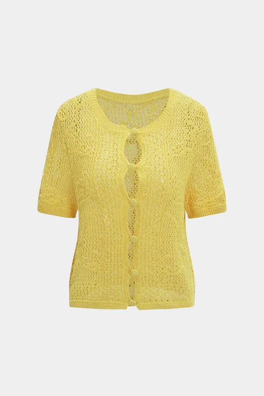 Knit Hollow Out Button Short-Sleeve Top sold by Micas