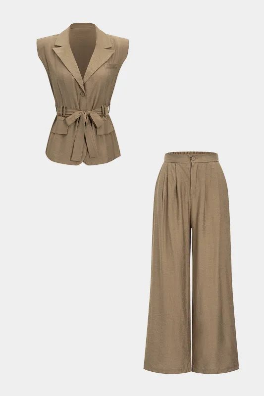 V-Neck Tie Front Short Sleeve Shirt And Wide Leg Trousers Set sold by Micas