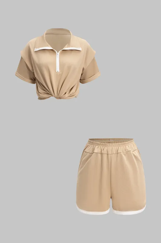 Contrast Zipper Short-Sleeve Shirt And Ruched Shorts Set sold by Micas