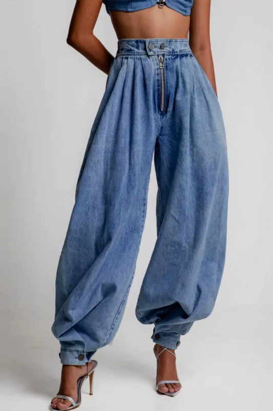 Denim High Waist Zipper Barrel Balloon Jeans sold by Micas