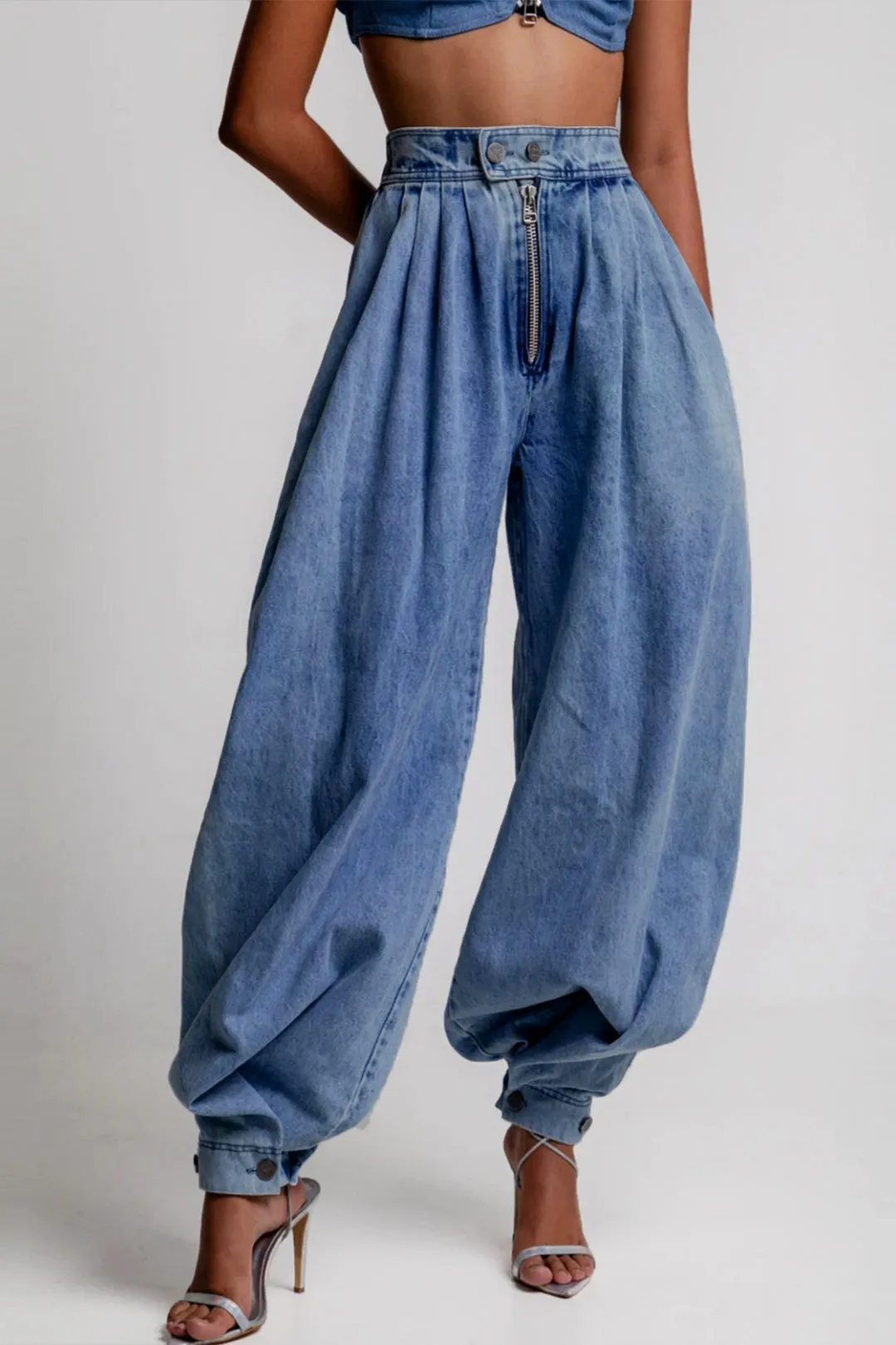 Denim High Waist Zipper Barrel Balloon Jeans sold by Micas