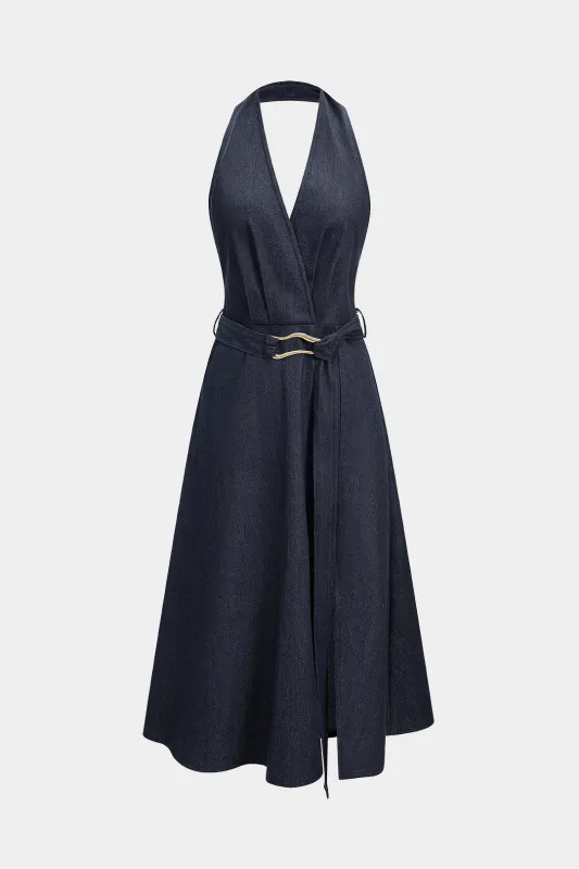 Denim Halter Neck Belted Sleeveless Dress sold by Micas
