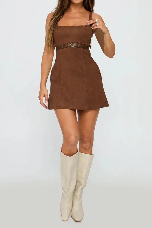 Suede Square Neck Belted Backless Sleeveless Mini Dress sold by Micas