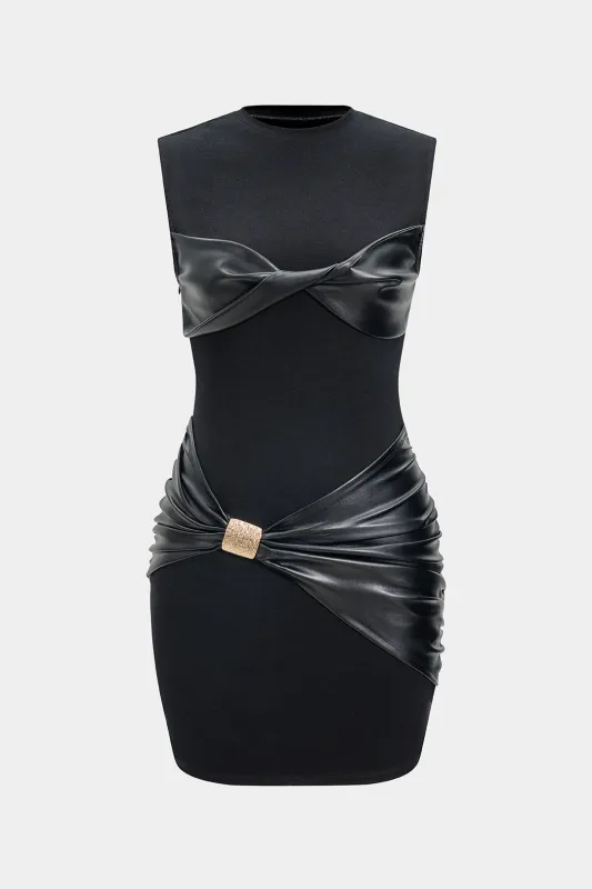 Faux Leather Twist Knot Patchwork Tank Sleeveless Mini Dress sold by Micas