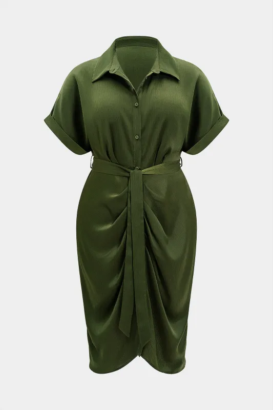 Plus Size Ruched Button Tie-Up Short Sleeve Midi Dress sold by Micas