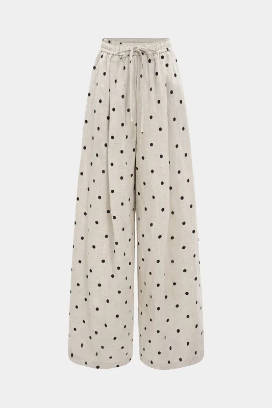 Polka Dots Print Linen Drawstring Wide Leg Trousers sold by Micas