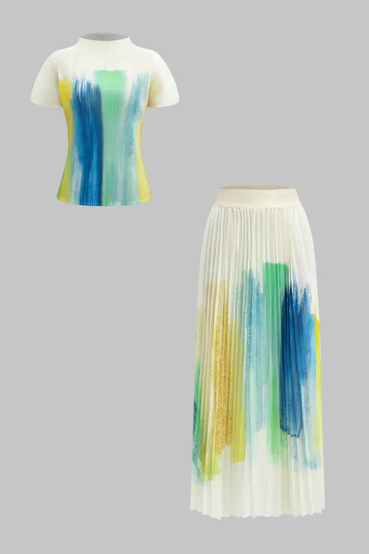 Watercolor Print Short-Sleeve Top And Pleated Skirt Set sold by Micas
