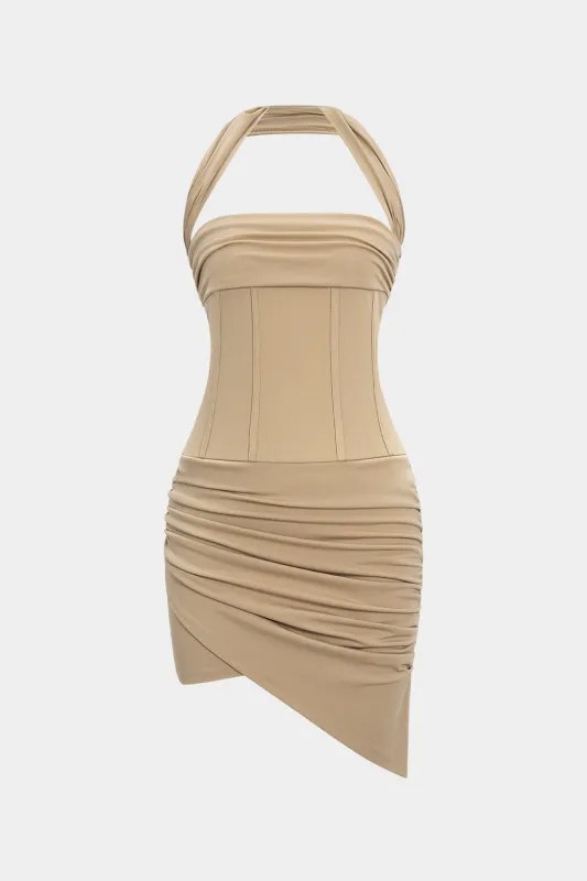 Halter Neck Ruched Corset Asymmetrical Sleeveless Mini Dress sold by Micas