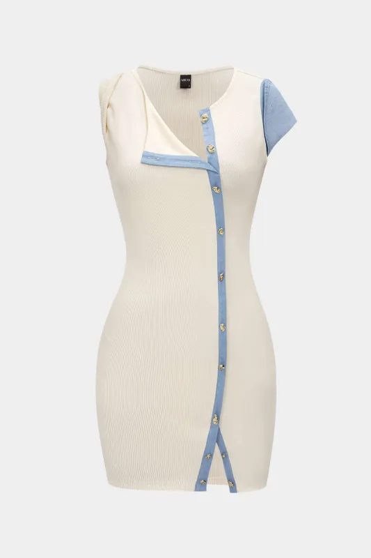 Asymmetrical Patchwork Button Short Sleeve Mini Dress sold by Micas