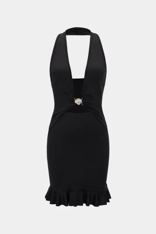 Metallic Decor Halter V-Neck Cut Out Mini Dress sold by Micas
