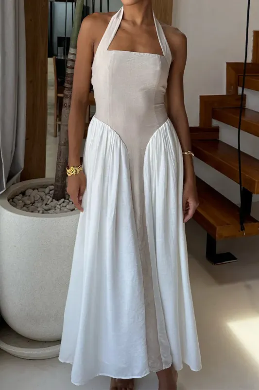 Linen Halter Neck Patchwork Sleeveless Maxi Dress sold by Micas
