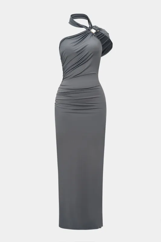 Rhinestone Decor Halter Neck One Shoulder Maxi Dress sold by Micas