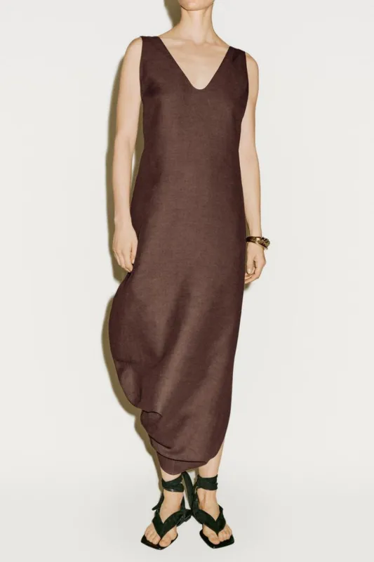 Linen V-Neck Asymmetrical Zipper Sleeveless Maxi Dress sold by Micas