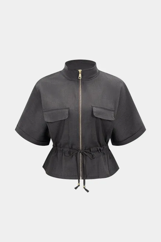 Linned Ruched Tie-Up Pocket Zipper Shortærme skjorte sold by Micas