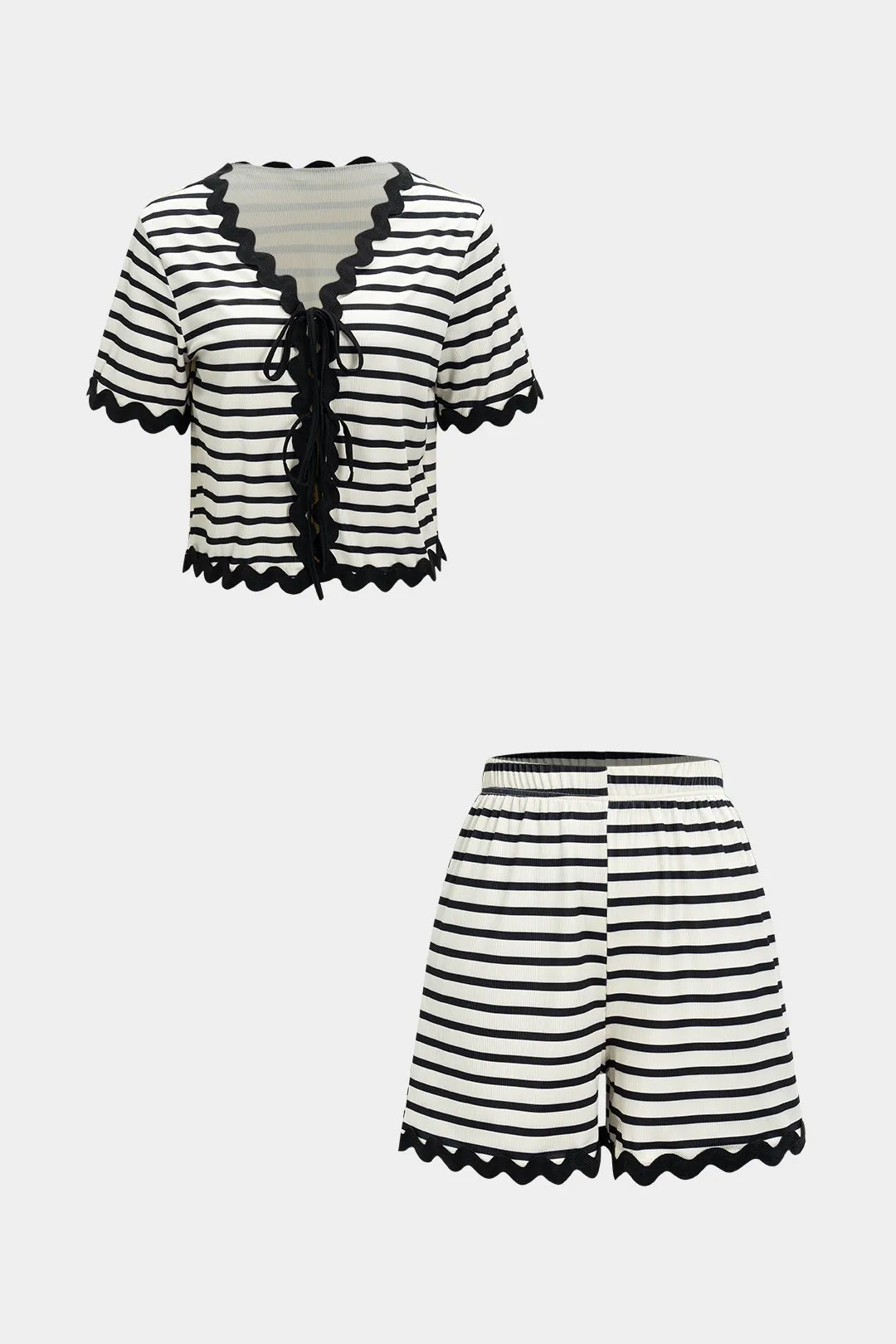 Stripes Print Patchwork Tie-Front T-Shirt And Shorts Set sold by Micas