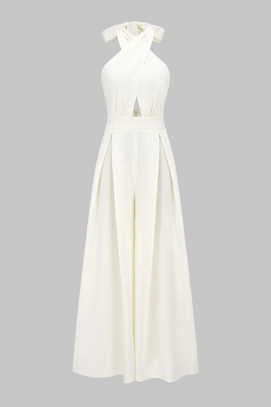 Chiffon Ruched Zipper Backless Tie-Back Wide Leg Pants Jumpsuit sold by Micas